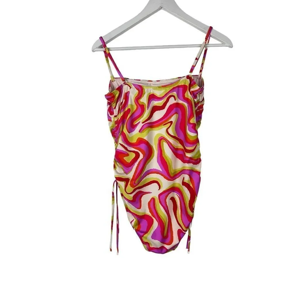 SANCTUARY Women's Neon Swirl Ruched-Side Swimsuit size Medium